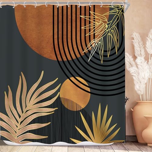 Mid Century Brown Black Boho Abstract Modern Bathroom Shower Curtain Set