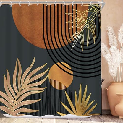 Mid Century Brown Black Boho Abstract Modern Bathroom Shower Curtain Set