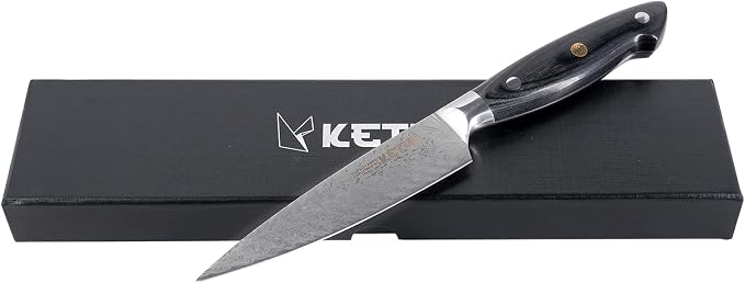 Ketuo Professional Chef Knife Damascus Carbon Steel with Laser Pattern Blade and Black Pakka Wood (5 Inch Utility Knife)