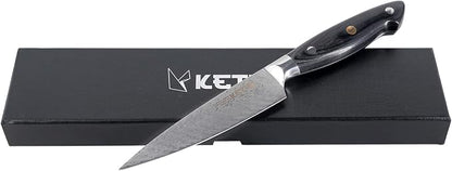 Ketuo Professional Chef Knife Damascus Carbon Steel with Laser Pattern Blade and Black Pakka Wood (5 Inch Utility Knife)