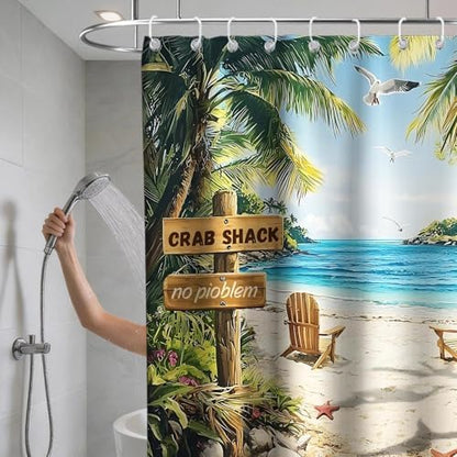 Funny Beach Rustic Shower Curtain, Ocean Coastal Tropical Palm Tree Inspirational Shower Curtains for Bathroom, Waterproof Bath Curtain with Hooks Machine Washable Bathtub Curtains 72x72 Inch Green