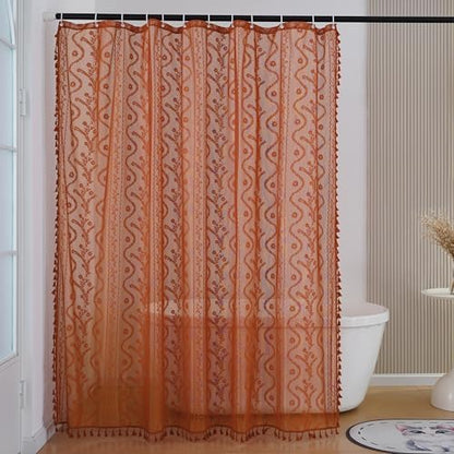 WAZZIO Bunrt Orange Lace Shower Curtain for Bathroom 72" W x 72" L, Victorian Farmhouse Floral Pattern Tassel Fancy Shower Curtain Boho Washable Cloth Decorative Bath Curtains,1 Panel