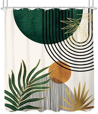 KOMLLEX Mid Century Green Boho Abstract Modern Bathroom Shower Curtain Set