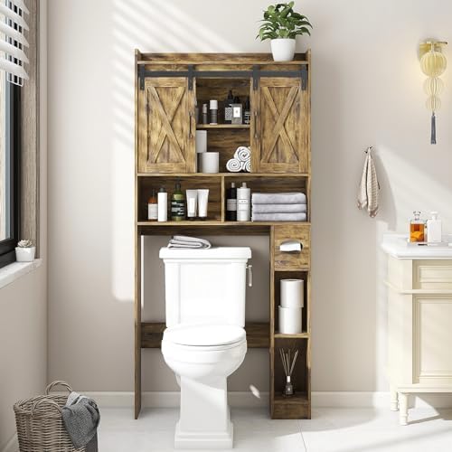Vabches Over The Toilet Storage Cabinet with Sliding Doors, Rustic Brown