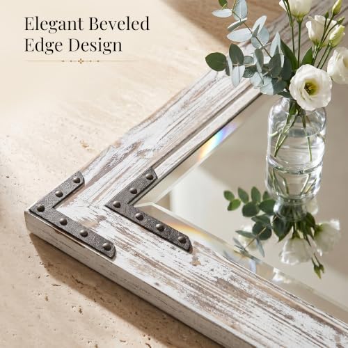 Distressed White 30x40 Inch Wood Bathroom Vanity Mirror, Rivets