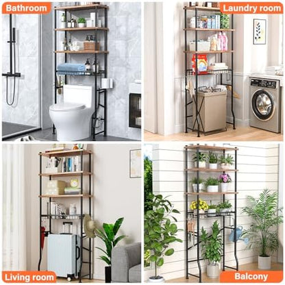 Over-The-Toilet Storage Shelves, 4-Tier Bathroom Organizer Shelf Over Toilet with Adjustable Feet Pad and Basket, Freestanding Space Saver Bathroom Storage Rack Above Toilet (Vintage Brown)