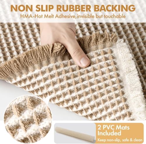 MIULEE Set of 2 Waffle Bathroom Rugs Brown&White Bath Mat 17"x24"+20"x47"