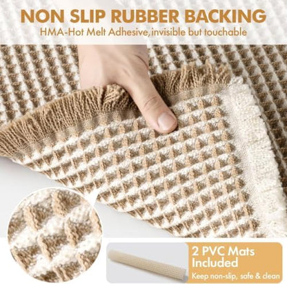 MIULEE Set of 2 Waffle Bathroom Rugs Boho Bath Mat Brown&White 20x32 Inch