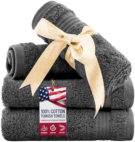 American Veteran Towel, 100% Cotton Turkish Washcloths for Bathroom Essentials 4 Pack, Soft Absorbent Wash Cloths Quick Drying Small Towels Washrags, Dark Gray