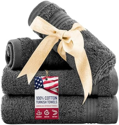 American Veteran Towel, 100% Cotton Turkish Washcloths for Bathroom Essentials 4 Pack, Soft Absorbent Wash Cloths Quick Drying Small Towels Washrags, Dark Gray