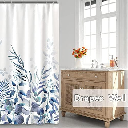 AWERT Shower Curtain Plants for Bathroom,Waterproof Quick-Drying Blue Leaves Shower Curtain Set with Hooks 48x72 Inch