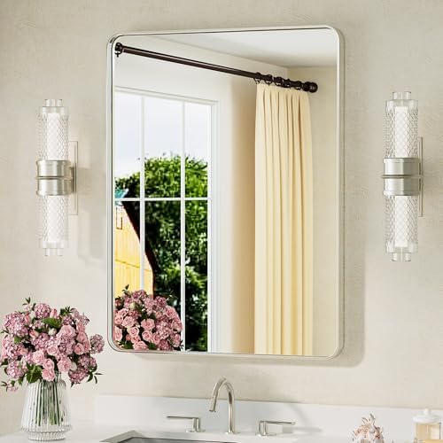 TETOTE Brushed Nickel Mirror 24 x 32 Inch Brushed Nickel Metal Framed Bathroom Mirror, Tempered Glass, Modern Farmhouse Wall Mounted Mirror for Decorative(Horizontal/Vertical)
