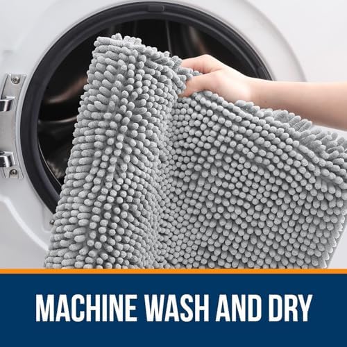 OLANLY Chenille Bathroom Rugs Mats Set 2 Piece, 47"x20"+24"x20", Light Grey