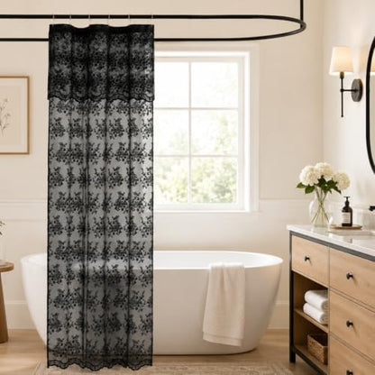 TUDECO Black Lace Shower Curtain for Small Bathroom, 36''W x 72''L