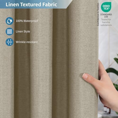 Extra Long Fabric Shower Curtain,No Liner Needed,72"x96",Khaki
