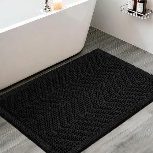 Upgraded Waffle Bath Mat, 36"x24" Black-Herringbone, Super Absorbent Non-Slip Quick Dry Bathroom Rugs with Tassels, Machine Washable Ultra Soft Boho Bath Rugs, Toilet Mats Boho Farmhouse Decor