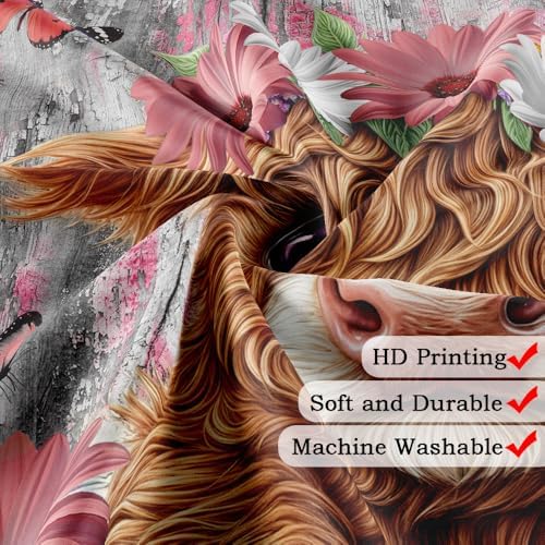 Funny Highland Cow Daisy Flower Shower Curtain, Rustic Wooden Barn Door Farm Animal Shower Curtain Set Farmhouse Western Bath Curtain Modern Cattle Bull Bathroom Accessories Home Decor 54X72in