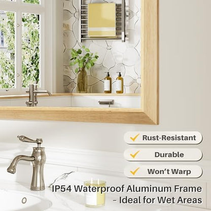 40x32 Inch Bathroom Mirror for Wall, Anti-Rust Oak Wood Grain Metal Framed Bathroom Mirrors for Over Sink,Rectangler Mirrors for Bathroom Vanity, Farmhouse, Bedroom, Living Room, Entryway Decor