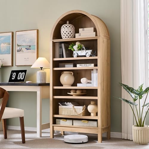 IFBUY 71" Tall Arched Bathroom Storage Cabinet, 7-Tier Modern Farmhouse Storage Cabinet with Adjustable Shelves, Wood Freestanding Cabinet for Bathroom, Living Room, Entryway, Hallway (Natural)