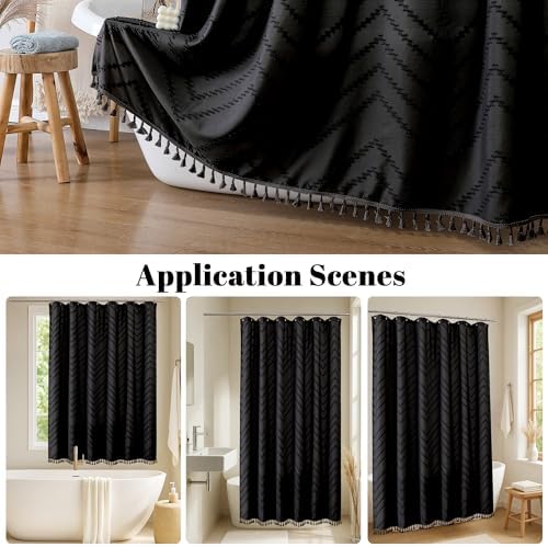 OWENIE Boho Shower Curtain, Black Fabric Cloth Shower Curtains Farmhouse Tufted Chevron Striped Textured with Tassel for Bathroom, Soft Hotel Style Modern Minimalist, Machine Washable, 72x72, Black