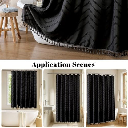 OWENIE Boho Shower Curtain, Black Fabric Cloth Shower Curtains Farmhouse Tufted Chevron Striped Textured with Tassel for Bathroom, Soft Hotel Style Modern Minimalist, Machine Washable, 72x72, Black