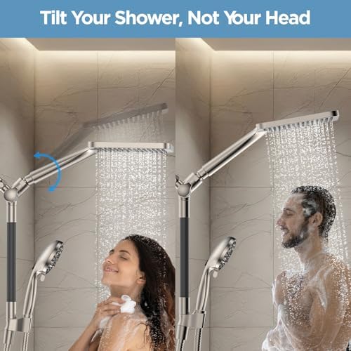 Dual Handheld Shower Head Combo, 2-in-1 Rain Shower Heads System Wide Rainfall Shower Head and 10 Modes High Pressure Hand Held Showerhead with Built-in Power Wash - Brushed Nickel