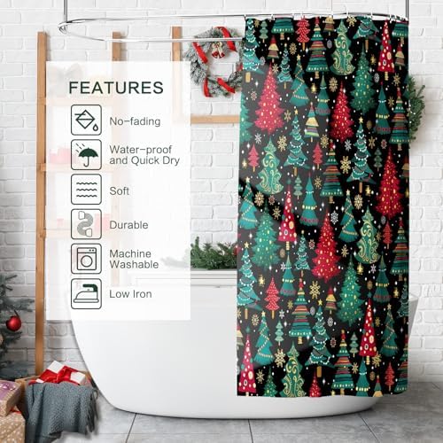 Shower Curtain Christmas, Holiday Shower Curtain Red Green Christmas Tree Snowflake ShowerCurtain Sets Waterproof Polyester Fabric Machine Washable Home Farmhouse Decor Bathroom Curtains