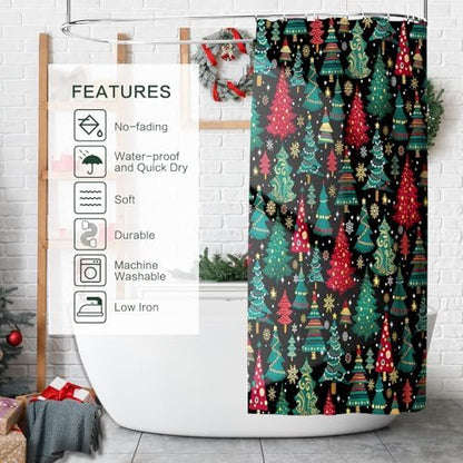 Shower Curtain Christmas, Holiday Shower Curtain Red Green Christmas Tree Snowflake ShowerCurtain Sets Waterproof Polyester Fabric Machine Washable Home Farmhouse Decor Bathroom Curtains
