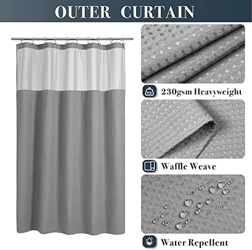 N&Y HOME 54 x 78 Waffle Weave Shower Curtain with Snap-in Liner Set Gray
