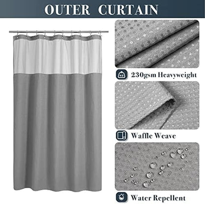 N&Y HOME 54 x 78 Waffle Weave Shower Curtain with Snap-in Liner Set Gray