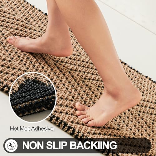 Sunfly Waffle Bath Mat, Boho Bathroom Rugs Non Slip Washable Super Absorbent Quick Dry Bath Mat Farmhouse Bathroom Decor, 24"x36" Black &Khaki