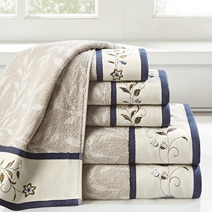 Madison Park Serene 100% Cotton Bath Towel Set Luxurious Floral Decorative Towels for Bathroom Embroidered Cotton Jacquard Design Soft Highly Absorbent for Shower 600 GSM, Multi-Sizes, Navy 6 Piece