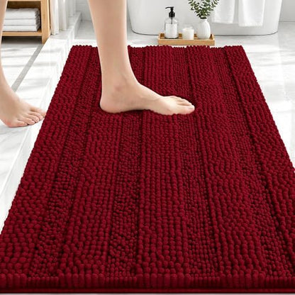 OLANLY Thick Bathroom Rugs 30x20, Soft Chenille Striped Bath Rugs, Red