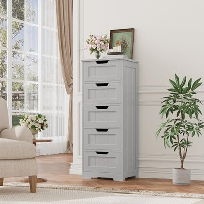 FOTOSOK Bathroom Cabinet, Bathroom Storage Cabinet with 5 Drawers, Grey