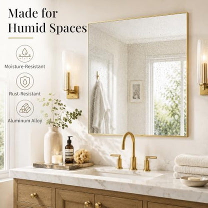 36"x36" Brushed Gold Framed Square Bathroom Vanity Wall Mirror