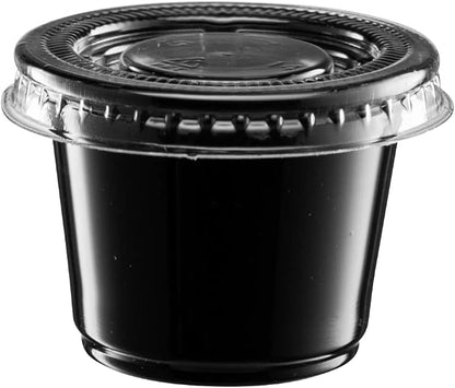 {1 oz - 100 Sets} Black Diposable Plastic Portion Cups With Lids, Small Mini Containers For Portion Controll, Jello Shots, Meal Prep, Sauce Cups, Slime, Condiments, Medicine, Dressings, Crafts, Disposable Souffle Cups & Much more
