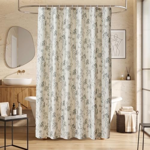 Warmstar Farmhouse Shower Curtain,Grey Floral Shower Curtain for Bathroom Linen Look Vintage Shower Curtain with Weighted Hem,72" W x 78" L