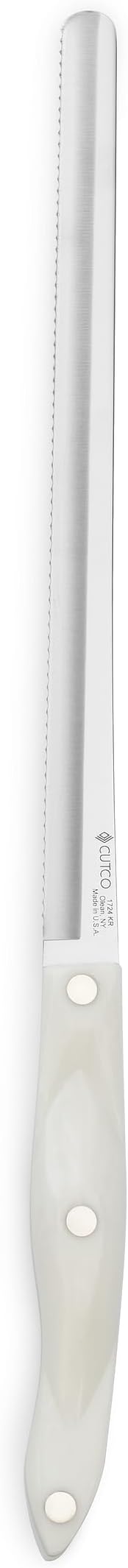 CUTCO Model 1724 Slicer with White ("Pearl") handle...........9.8" High Carbon Stainless Double-D® serrated blade.......5.7" thermo-resin handle...........in factory-sealed plastic bag.