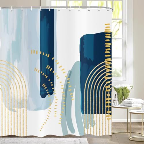 deFouliao Boho Shower Curtain, Mid Century Modern Blue Waterproof Shower Curtain for Bathroom Bathtub Home Curtain Decor with Hooks, 36Wx72L