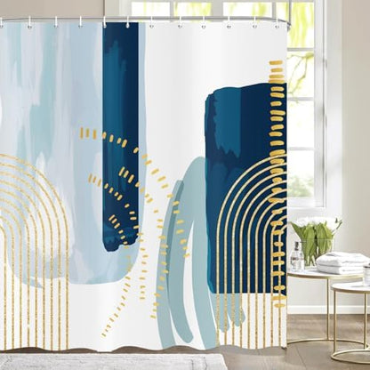 deFouliao Boho Shower Curtain, Mid Century Modern Blue Waterproof Shower Curtain for Bathroom Bathtub Home Curtain Decor with Hooks, 36Wx72L