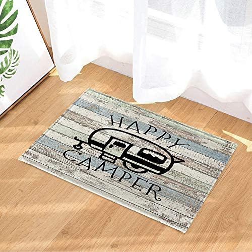 Happy Campers Shower Curtain Retro Rustic Wood Neutral Color For Travel Trailer Camping Motor RV Bathroom Stall Shower Curtain Set, Small Size Waterproof Fabric Shower Cutain, Hooks Include 47x64