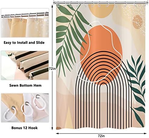 Boho Abstract Mid Century Shower Curtain Set - Geometric Leaves Neutral Modern - Green Plant Eucalyptus - Arch Sun Bathroom Curtain - 72x72 Inch