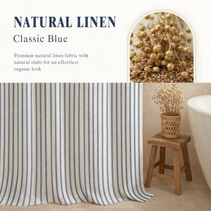 Farmhouse Striped Shower Curtain Navy Blue Vintage Linen Curtain 72W X 72L