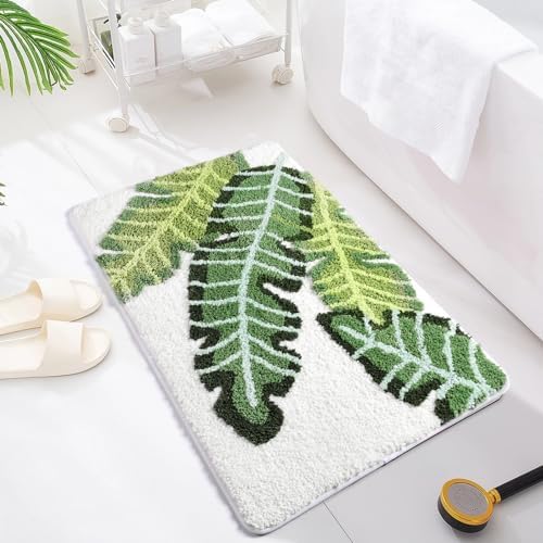Leaves Bath Mat Green Area Rug Non-Slip Soft Absorbent Bathroom Rugs Machine Washable Bath Rug Floor Carpet Entryway Door Mat for Tub Shower Decor 17.5 X 25.5 Inches