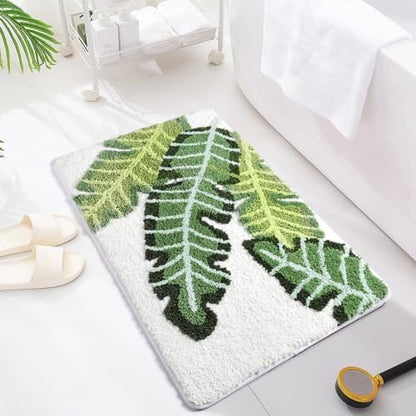 Leaves Bath Mat Green Area Rug 2 Piece Non-Slip Soft Absorbent Bathroom Rugs Set Machine Washable Bath Rug Floor Carpet Entryway Door Mat for Tub Shower Decor (17.5 X 25.5+19.5 X 31.5 Inches)