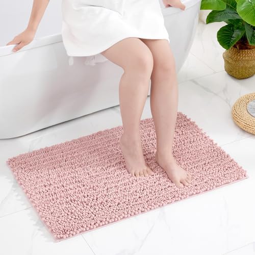 Disolla Pink Bathroom Rug 20x32 Inch - Luxury Chenille Bath Mat, Thick Shaggy Plush Absorbent Rug, Non-Slip Machine Washable Mats for Bathroom Floor & Decor