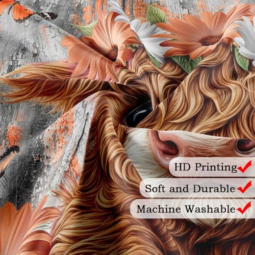 Rustic Wood Farmhouse Floral Shower Curtain for Bathroom, Western Funny Highland Cow Bull Floral Butterfly Country Flower Plant Art Printed Fabric Polyester Waterproof 12 Pack Plastic Hooks 70X70in