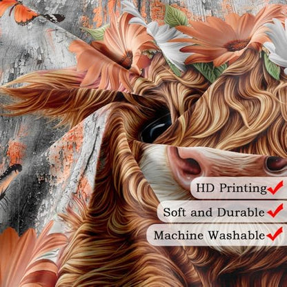 Rustic Wood Farmhouse Floral Shower Curtain for Bathroom, Western Funny Highland Cow Bull Floral Butterfly Country Flower Plant Art Printed Fabric Polyester Waterproof 12 Pack Plastic Hooks 70X70in