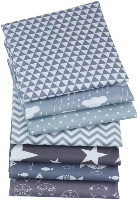 AMORNPHAN Cats Kitten Fish Star Cloud Animal Cartoon Pattern Printed 100% Cotton Quilting Fabric for Patchwork Needlework DIY Sewing Crafting Precut Face Mask 16x20 Inches (Set of 7 Pieces) 40x50 cm.