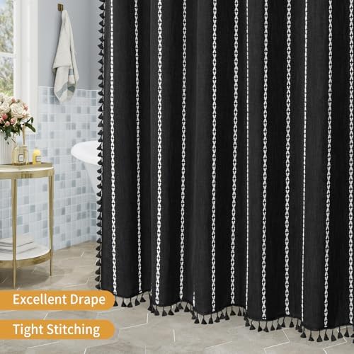 Boho Striped Tassel Linen Shower Curtain,3D Embroidery Stripe Black,54x72